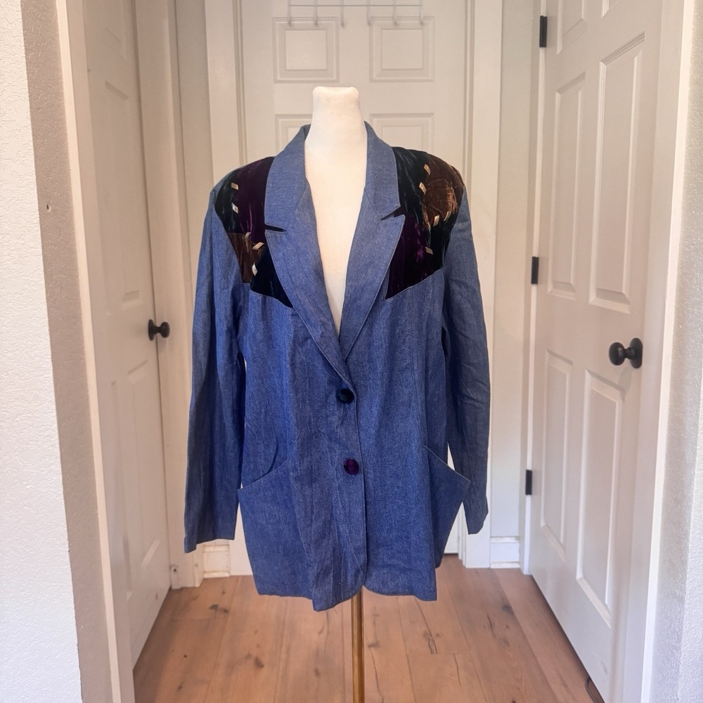 True Vtg 80s 90s Peter Popovitch Velvet Patchwork Denim Long Tunic Jacket Sz L
